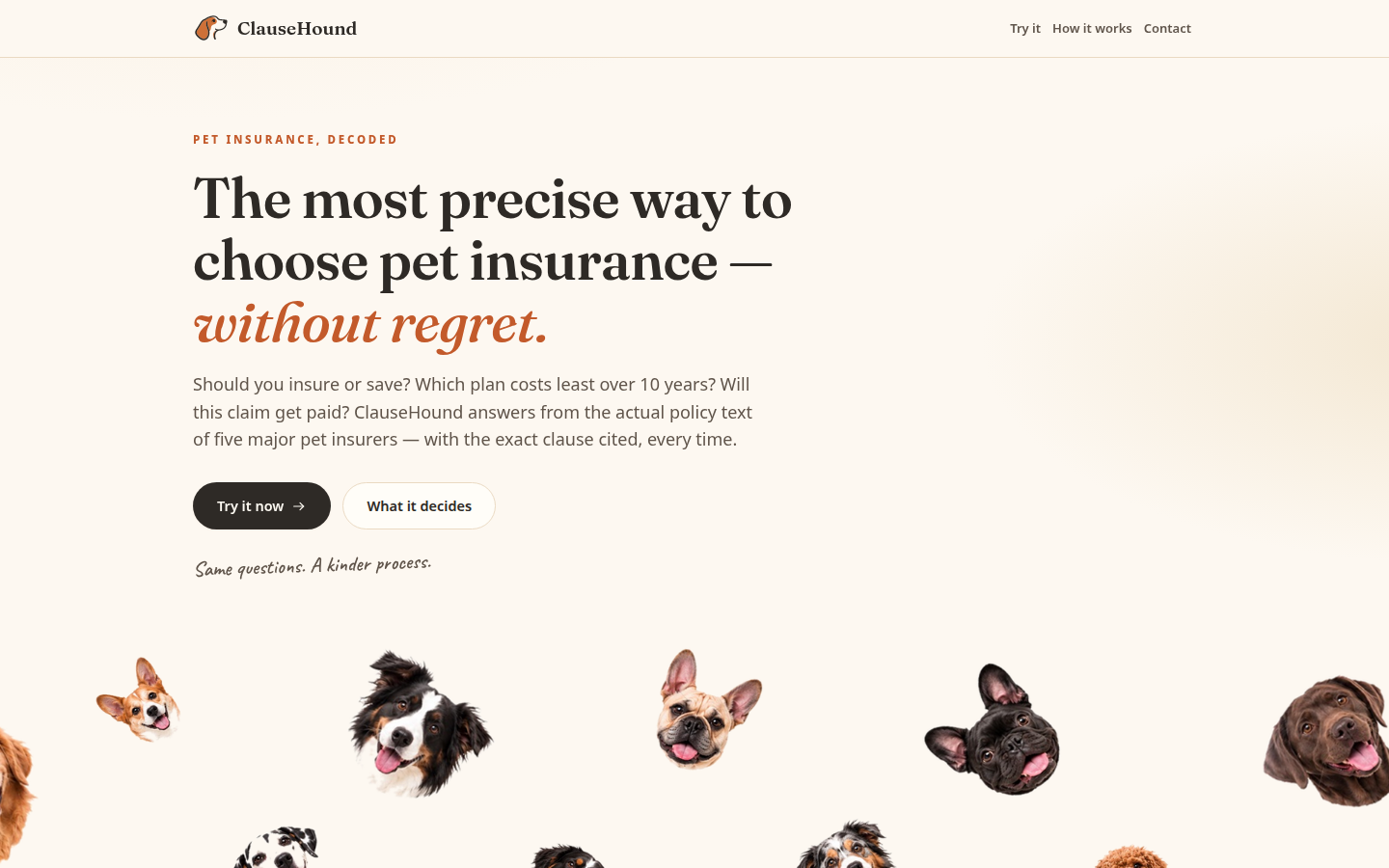 ClauseHound landing page framing the four decisions