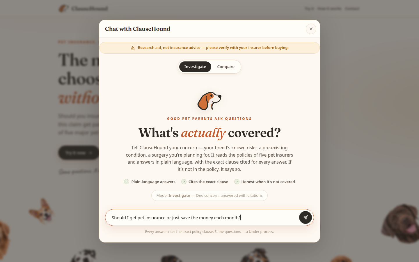 Chat modal with the insure-vs-save question prefilled