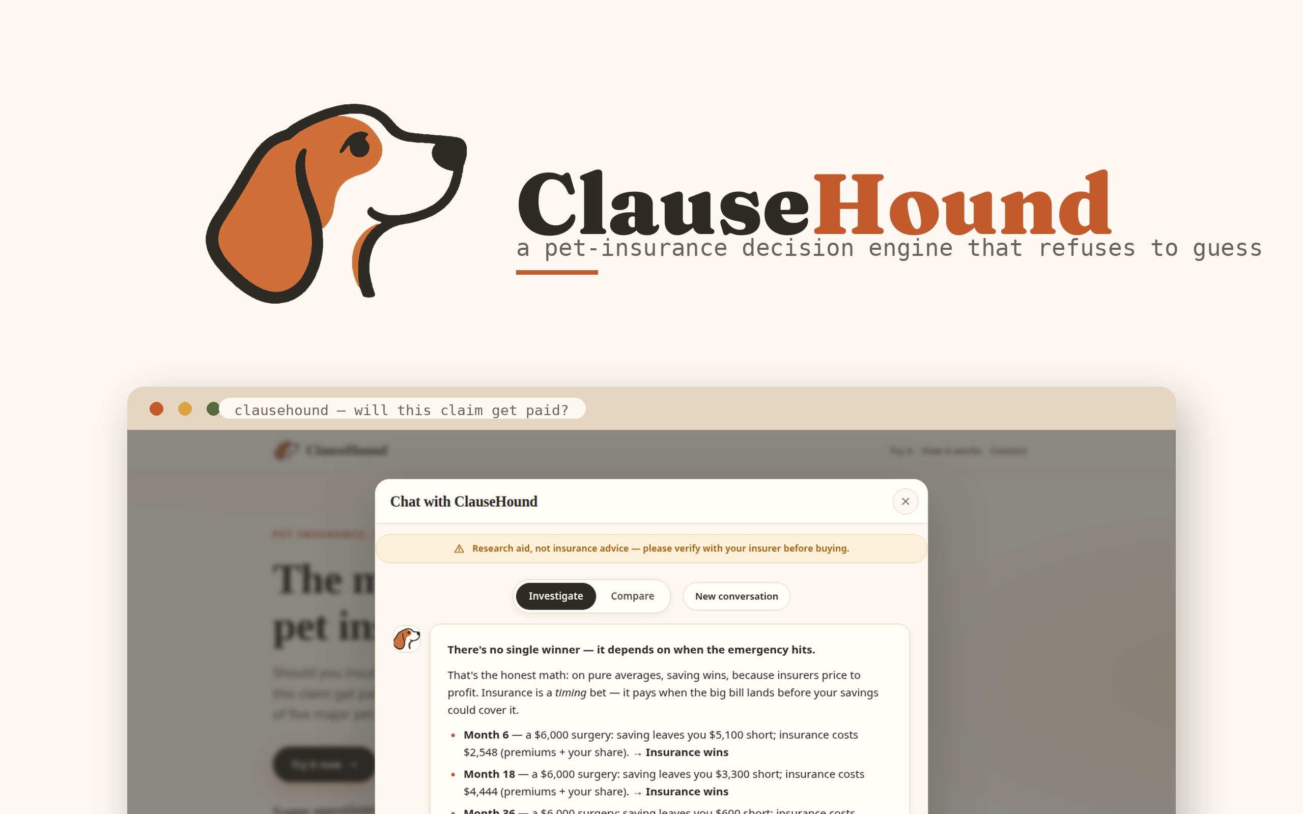 ClauseHound thumbnail: logomark, wordmark, and the verdict-first interface