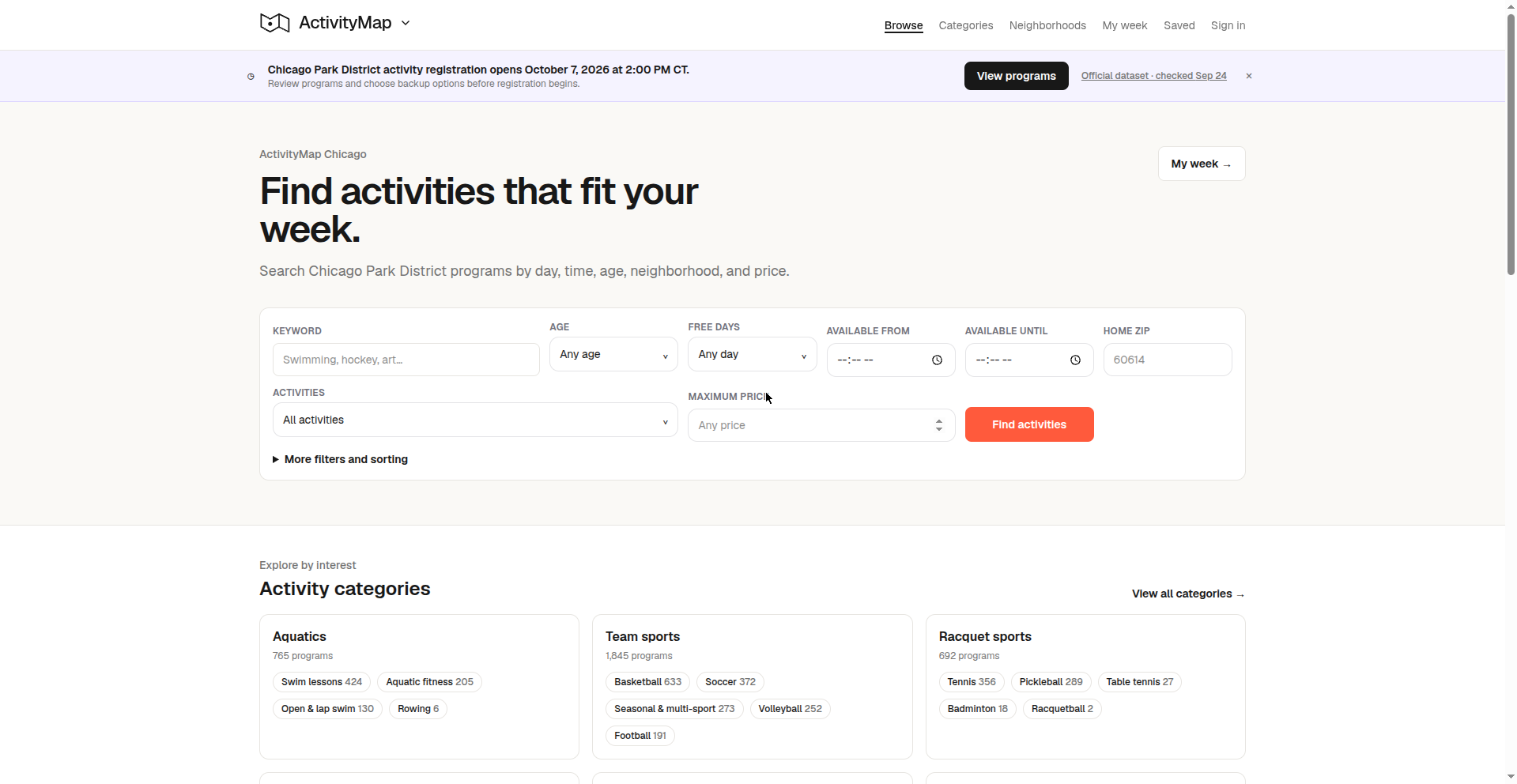ActivityMap Chicago explorer with schedule-first search filters and activity categories
