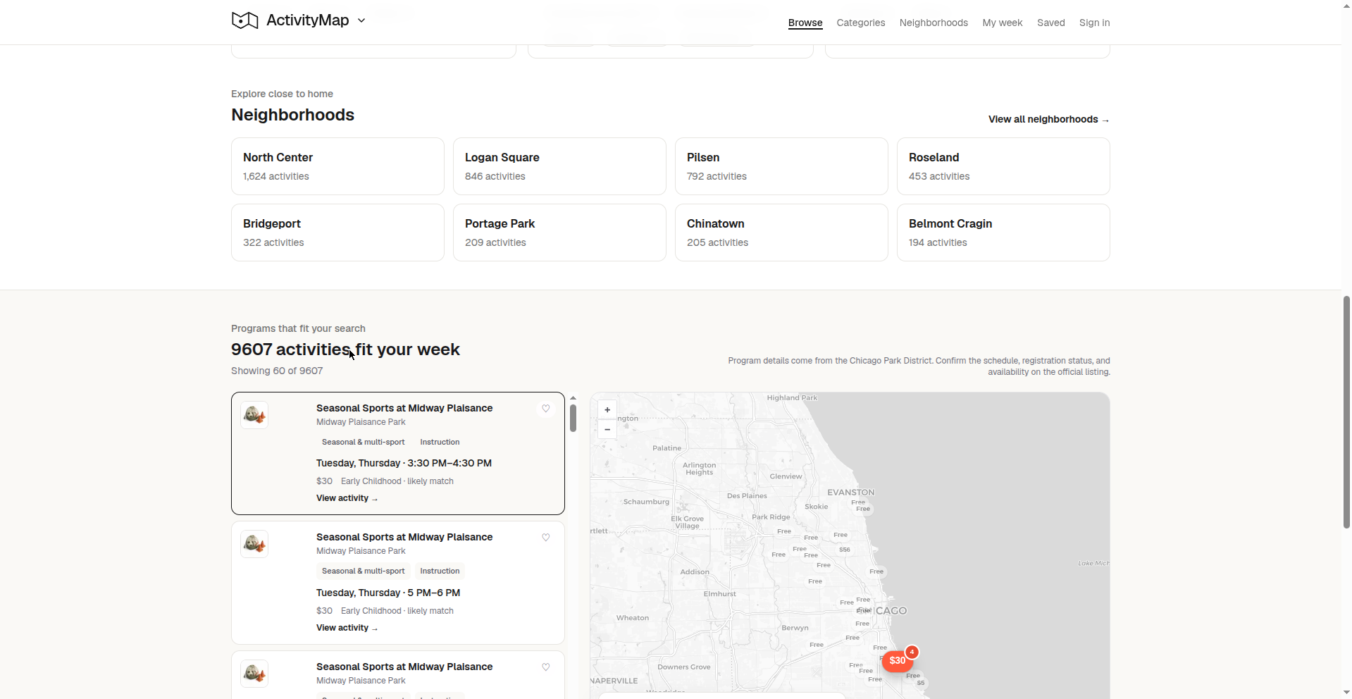 Activity search results with activity cards and a Chicago-area map