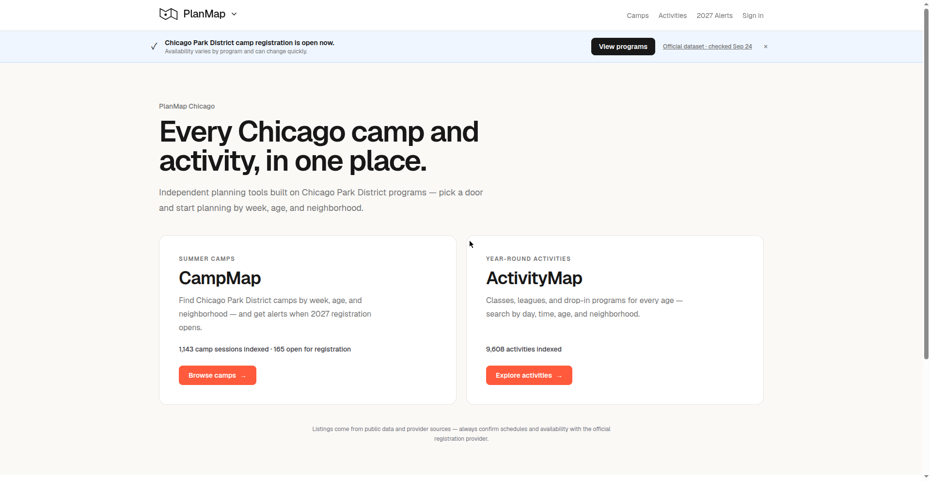PlanMap Chicago hub with CampMap and ActivityMap entry points and live listing counts