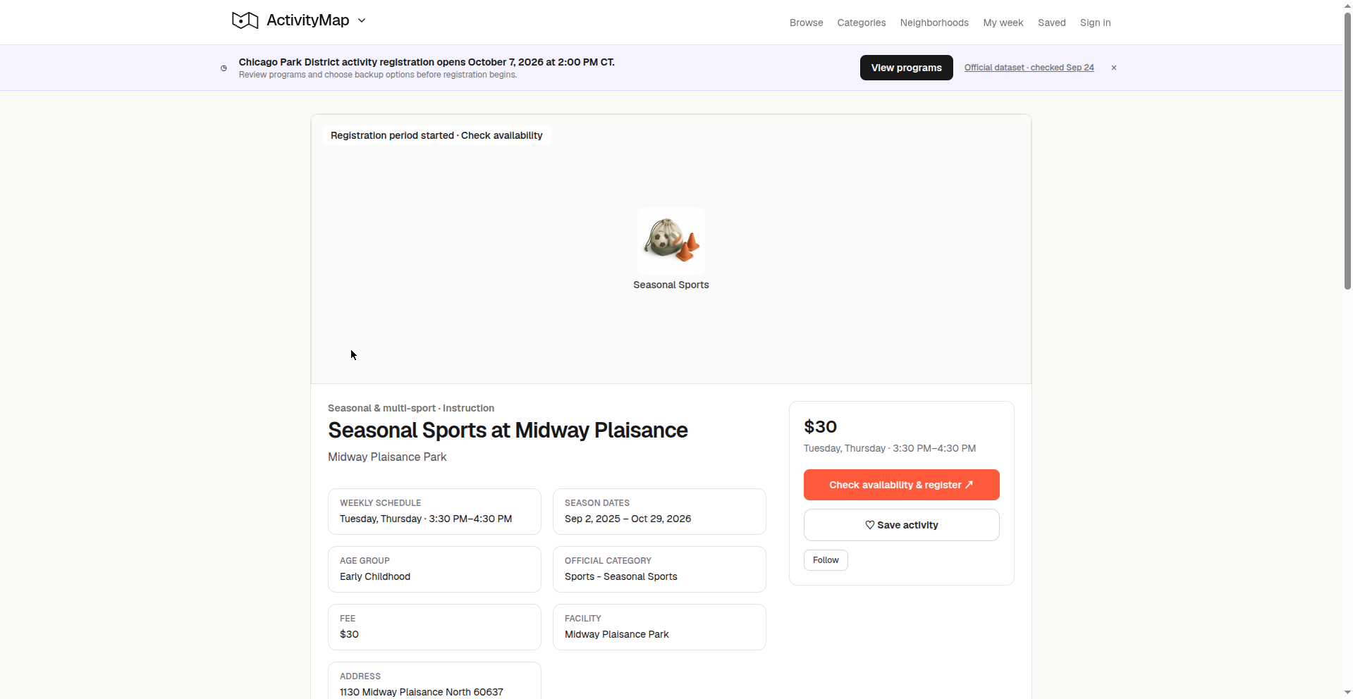 Activity detail page with weekly schedule, season dates, fee, and registration information